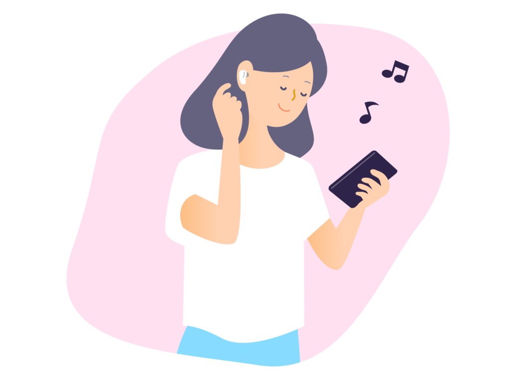 ワイアレスイヤホンでスマホ音楽を聴く女性のイラスト